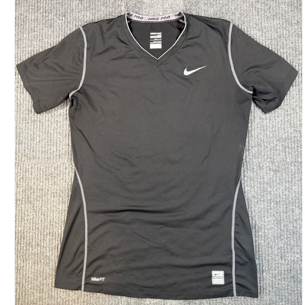 Nike Pro Fitted Shirt Mens Medium Black Short Sleeve V-Neck Training Top NikeFIT